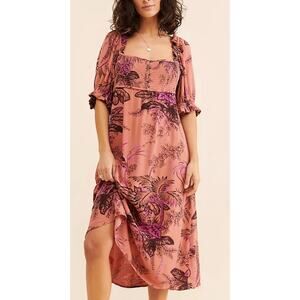 By Anthropologie Dress Womens XS Rust Bird Print Open Back Boho Cottagecore